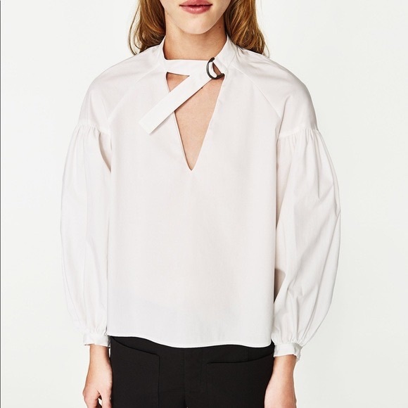 Zara White Blouse Puff Sleeve Top with Choker Neck - Picture 1 of 8